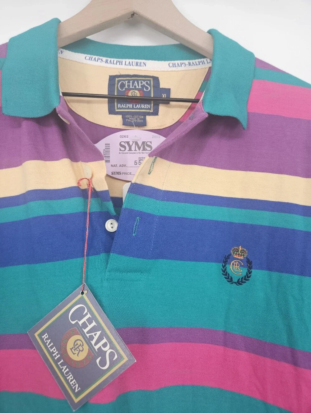 Vintage Deadstock Chaps Ralph Lauren 90s Striped Monogrammed Long Polo Shirt NWT